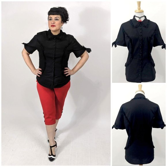 Glitz Glam and Rebellion Tops - Lace Trimmed Shirt in Black